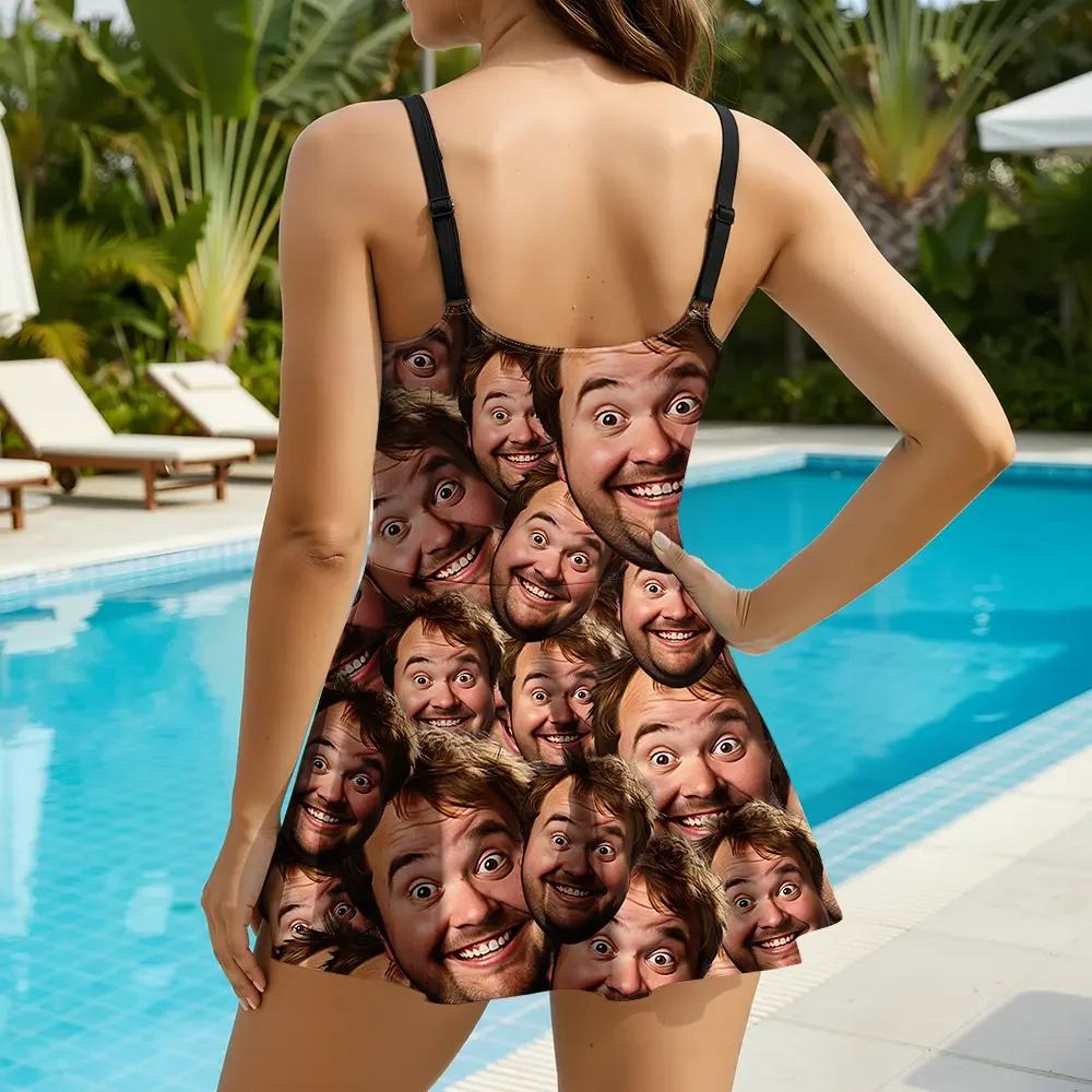 Custom Skirted One-Piece Swimsuit With Your Face Print All Over Pattern Funny Summer Sale Gift For Her
