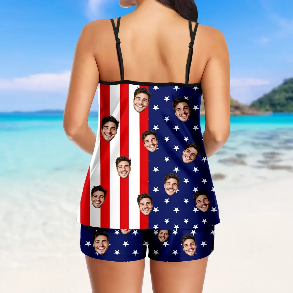 Custom Tankini Two Piece Swimsuit Two Piece For Women American Flag Sling Swimsuit With Swimming Trunks