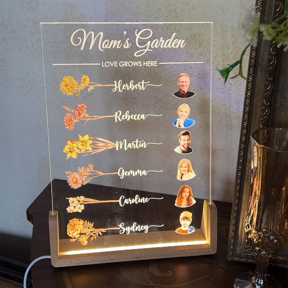 Let Love Grow In Mom's Garden Custom Family Birth Flower With Name & Photo Led Light