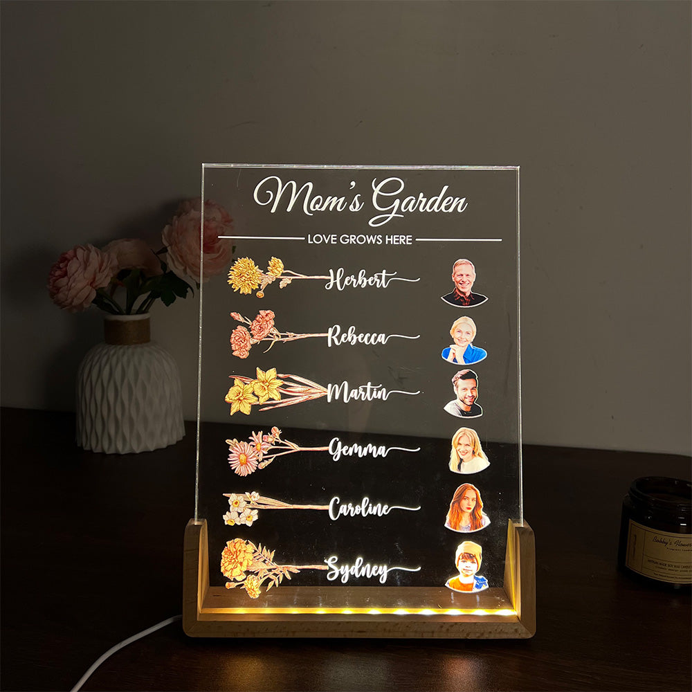 Let Love Grow In Mom's Garden Custom Family Birth Flower With Name & Photo Led Light