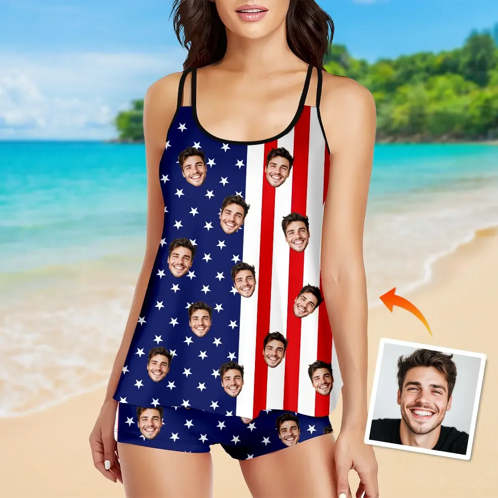 Custom Tankini Two Piece Swimsuit Two Piece For Women American Flag Sling Swimsuit With Swimming Trunks