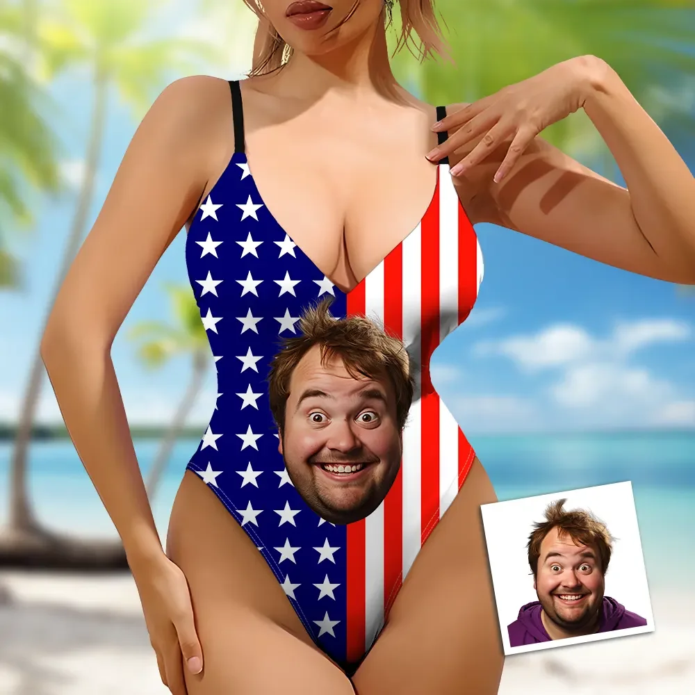 Custom Beach One-Piece Swimsuit Bathing Suit Personalized Photo Swimsuit Independence Day American Flag Swimsuit
