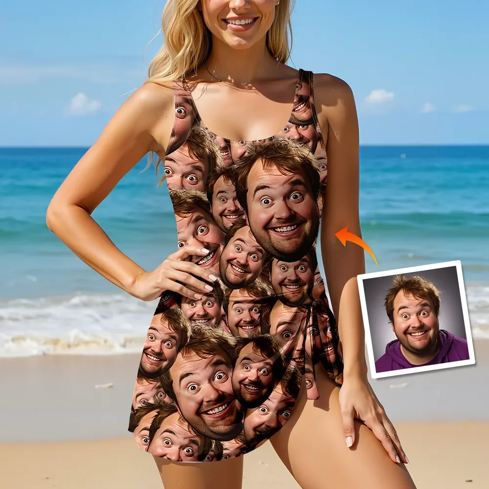Custom Skirted One-Piece Swimsuit With Your Face Print All Over Pattern Funny Summer Sale Gift For Her