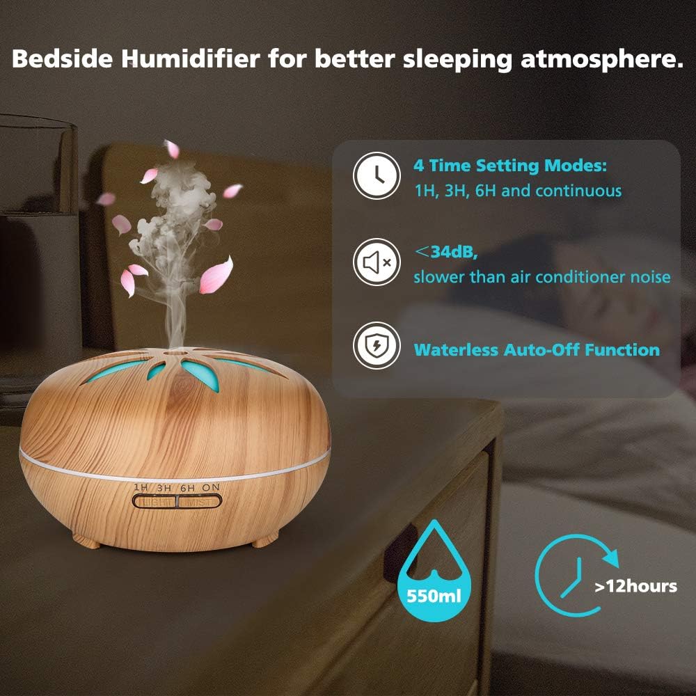 BYTEBAZAAR Aroma Diffuser 550ML Luftbefeuchter mit Timer Ultraschall Vernebler,Raumbefeuchter Aromatherapie Öle Duftlampe mit 7 Farben LED Helles Holz