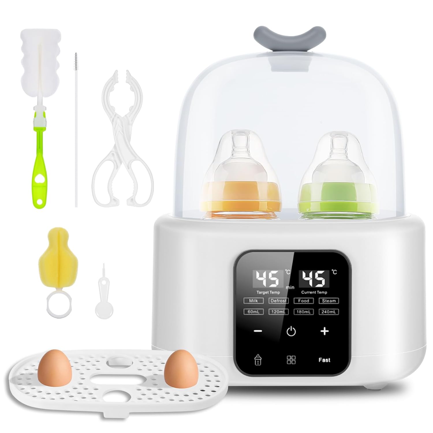 BYTEBAZAAR 6-in-1 Flaschenwärmer Baby, Doppelbecher Babyflaschen Wärmer, Sterilisator für Babyflaschen mit Flaschenbürste/Clip, Baby Flaschenwärmer mit Dampf-Sterilisator, Erwärmen/Auftauen Speisen