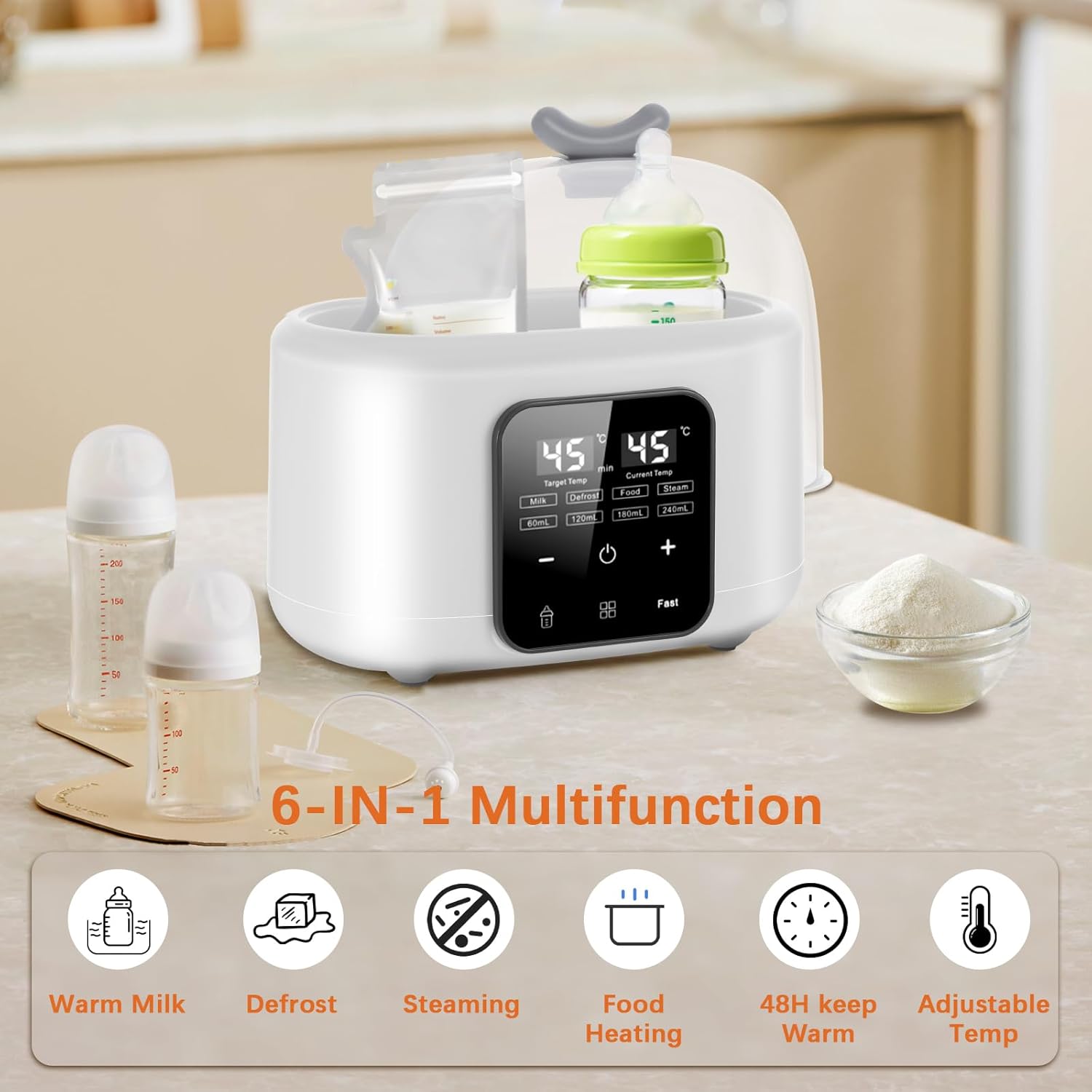 BYTEBAZAAR 6-in-1 Flaschenwärmer Baby, Doppelbecher Babyflaschen Wärmer, Sterilisator für Babyflaschen mit Flaschenbürste/Clip, Baby Flaschenwärmer mit Dampf-Sterilisator, Erwärmen/Auftauen Speisen
