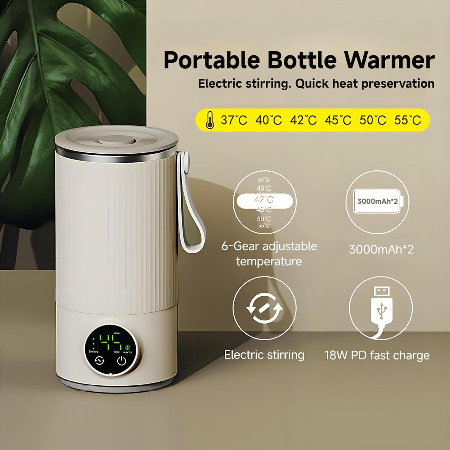 BYTEBAZAAR 400 ml Flaschenwärmer Baby, USB wiederaufladbarer Flaschenwärmer Baby Unterwegs mit 6000 mAh Akku, integriertem Rührer, einstellbarer Temperatur, schneller Erwärmung für Muttermilch, Kaffee