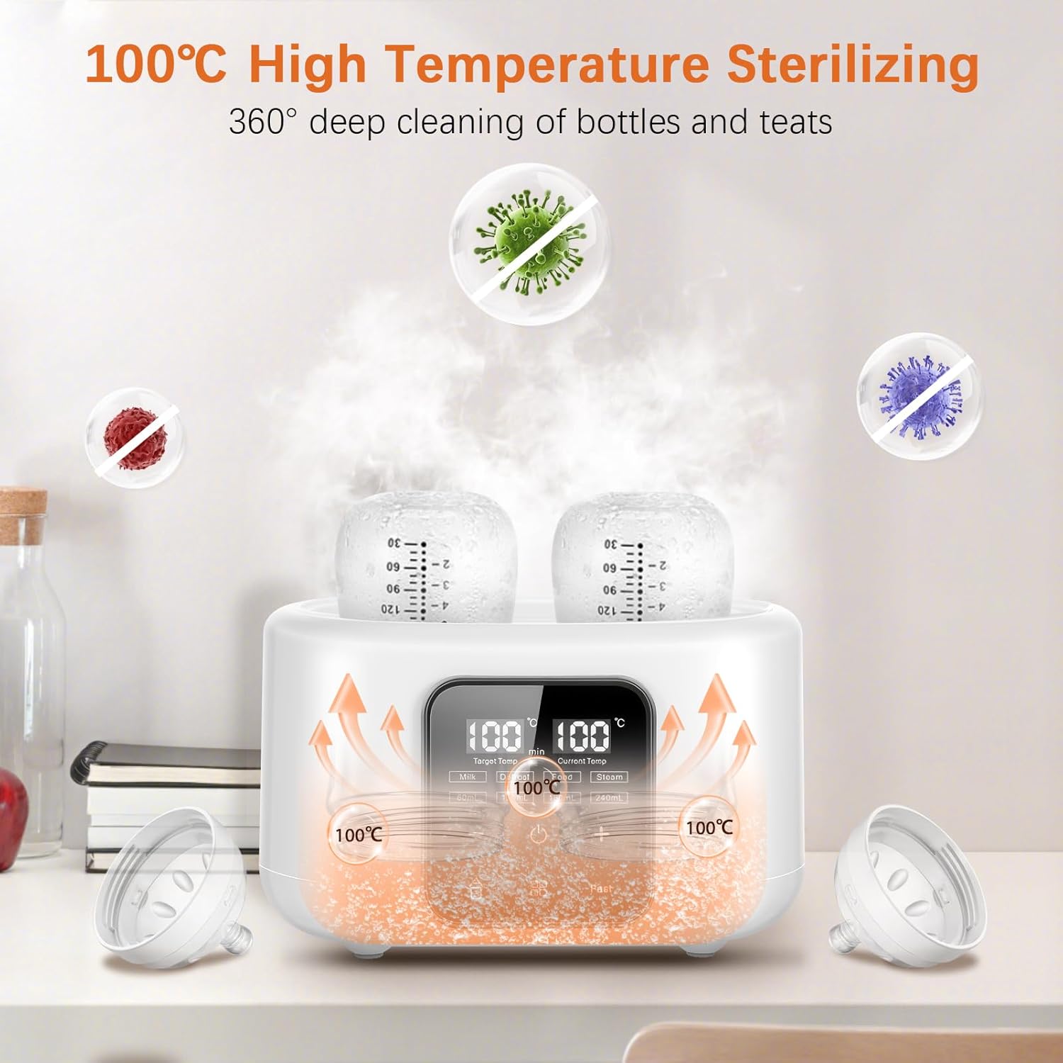 BYTEBAZAAR 6-in-1 Flaschenwärmer Baby, Doppelbecher Babyflaschen Wärmer, Sterilisator für Babyflaschen mit Flaschenbürste/Clip, Baby Flaschenwärmer mit Dampf-Sterilisator, Erwärmen/Auftauen Speisen