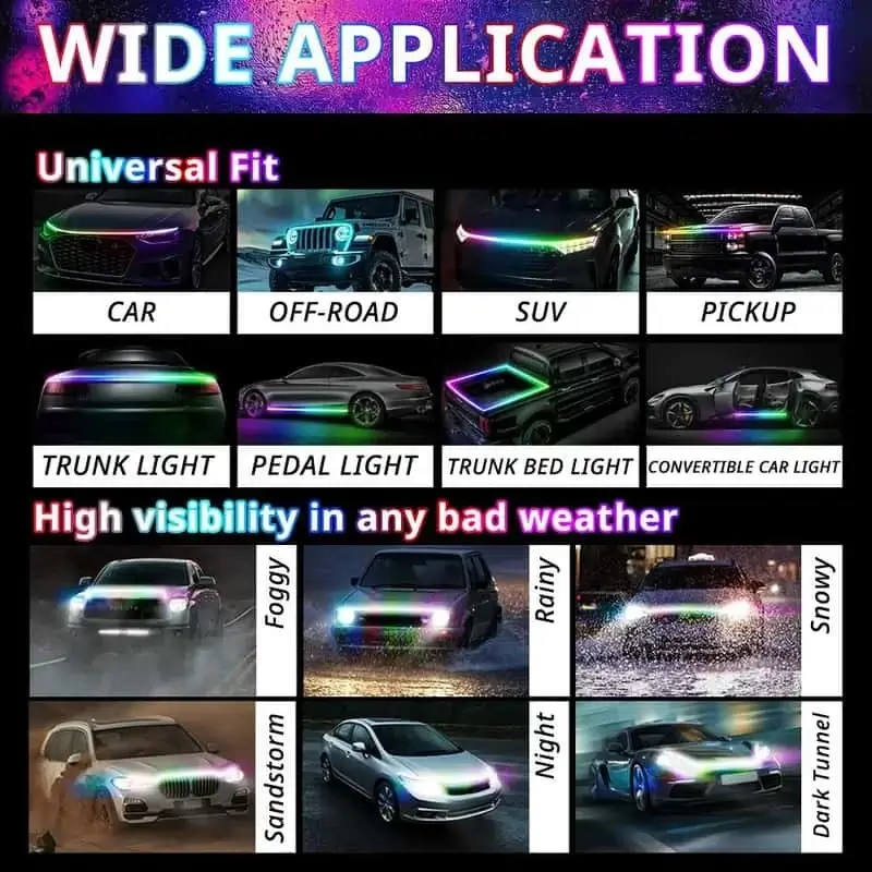 App-Controlled Multicolor LED Car Hood Light Strip