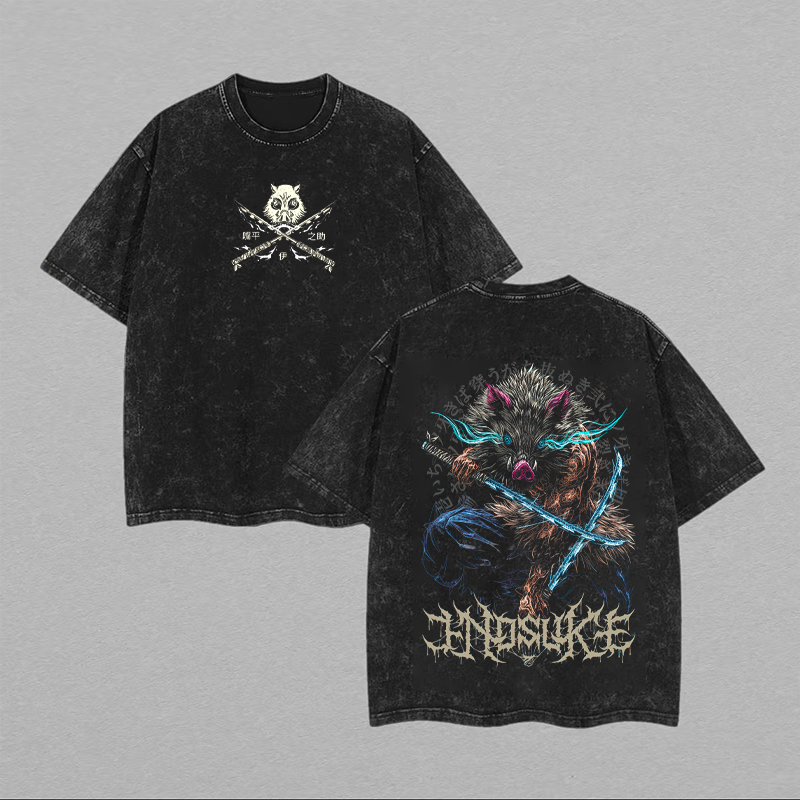 Demon Slayer Hashibira Inosuke Printed Unisex Washed T-Shirt