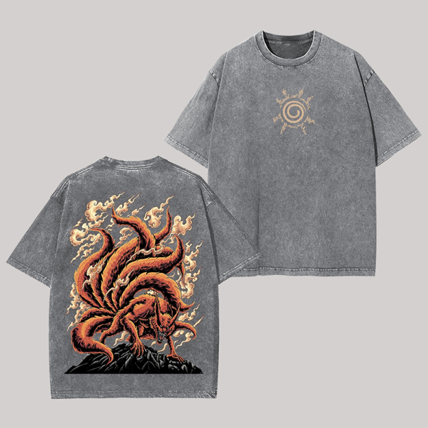 Jinchuriki Kurama Nine Tailed Fox Naruto Shippuden Oversize Washed T-Shirt Image - 2