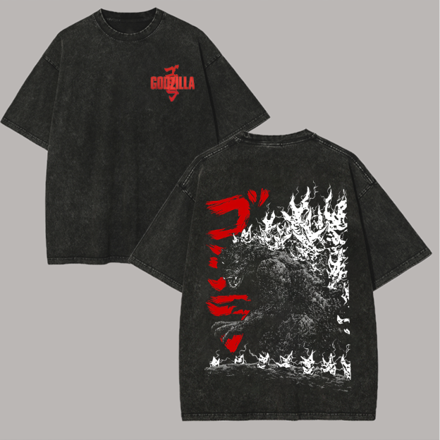 Godzilla Printed Unisex Washed T-Shirt Image - 1