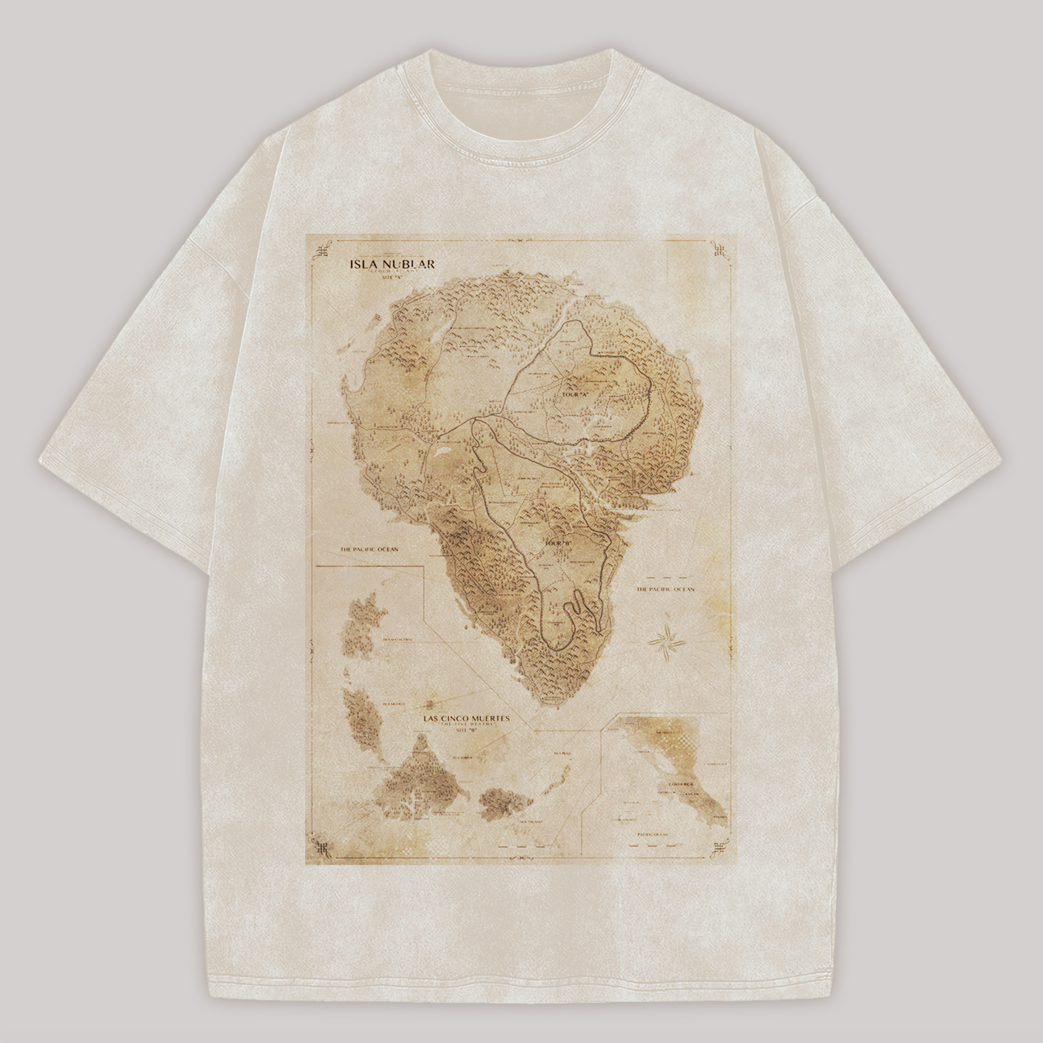 Jurassic Park Map Printed Unisex Washed T-Shirt