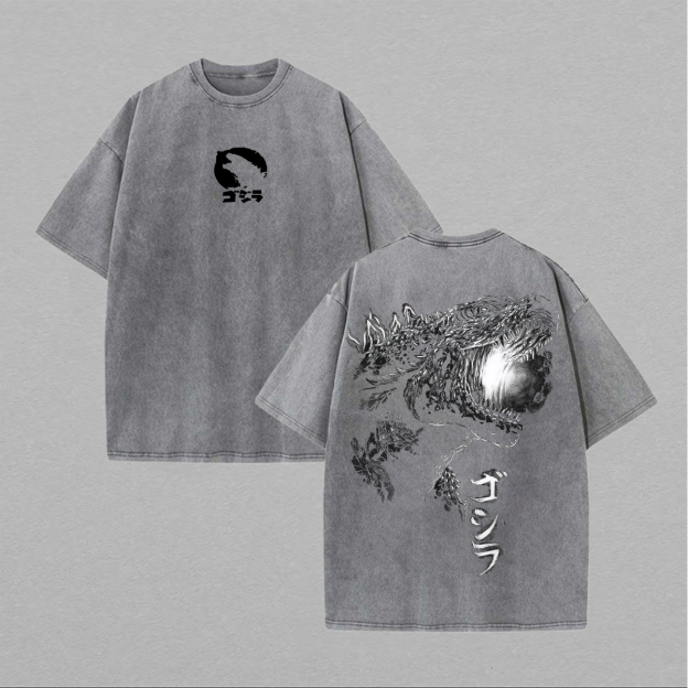 Godzilla Printed Unisex Washed T-Shirt Image - 5