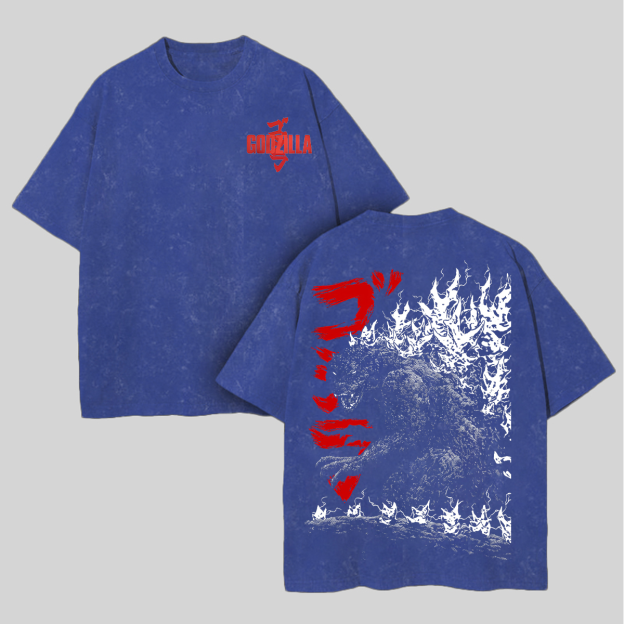 Godzilla Printed Unisex Washed T-Shirt Image - 5