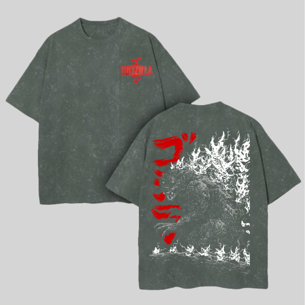Godzilla Printed Unisex Washed T-Shirt Image - 6