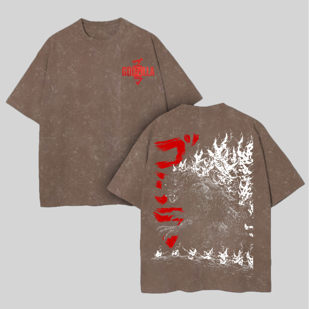 Godzilla Printed Unisex Washed T-Shirt Image - 4