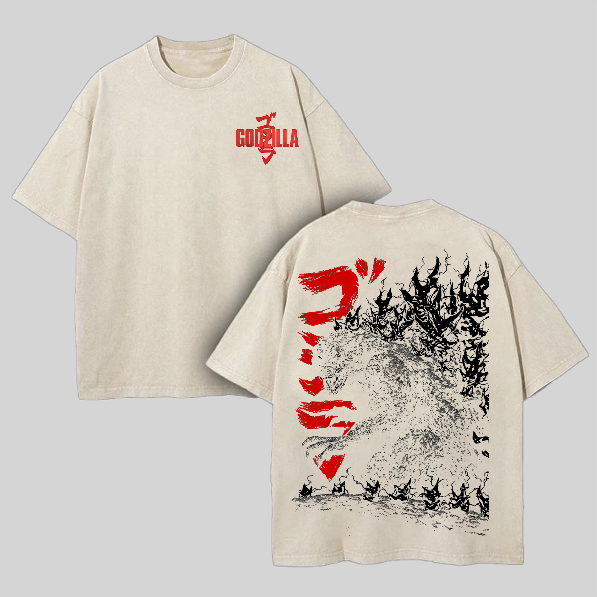Godzilla Printed Unisex Washed T-Shirt Image - 2