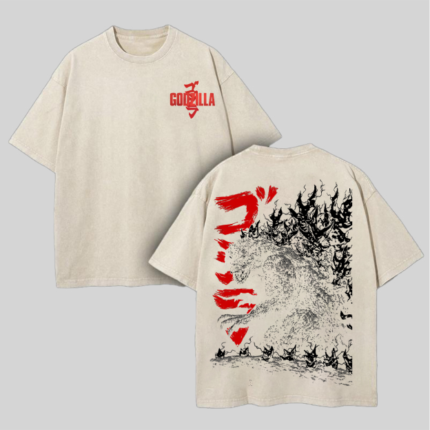Godzilla Printed Unisex Washed T-Shirt Image - 2