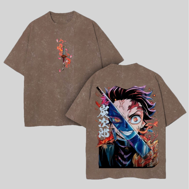 Demon Slayer Tanjiro Kamado Printed Unisex Washed T-Shirt Image - 5
