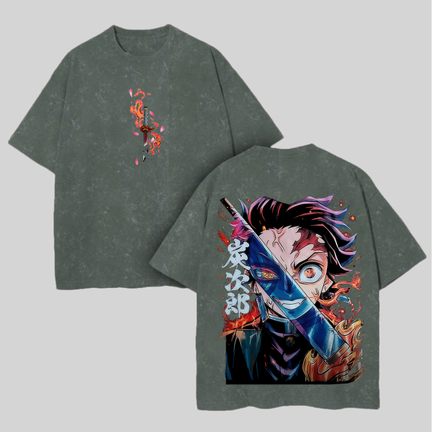 Demon Slayer Tanjiro Kamado Printed Unisex Washed T-Shirt Image - 7