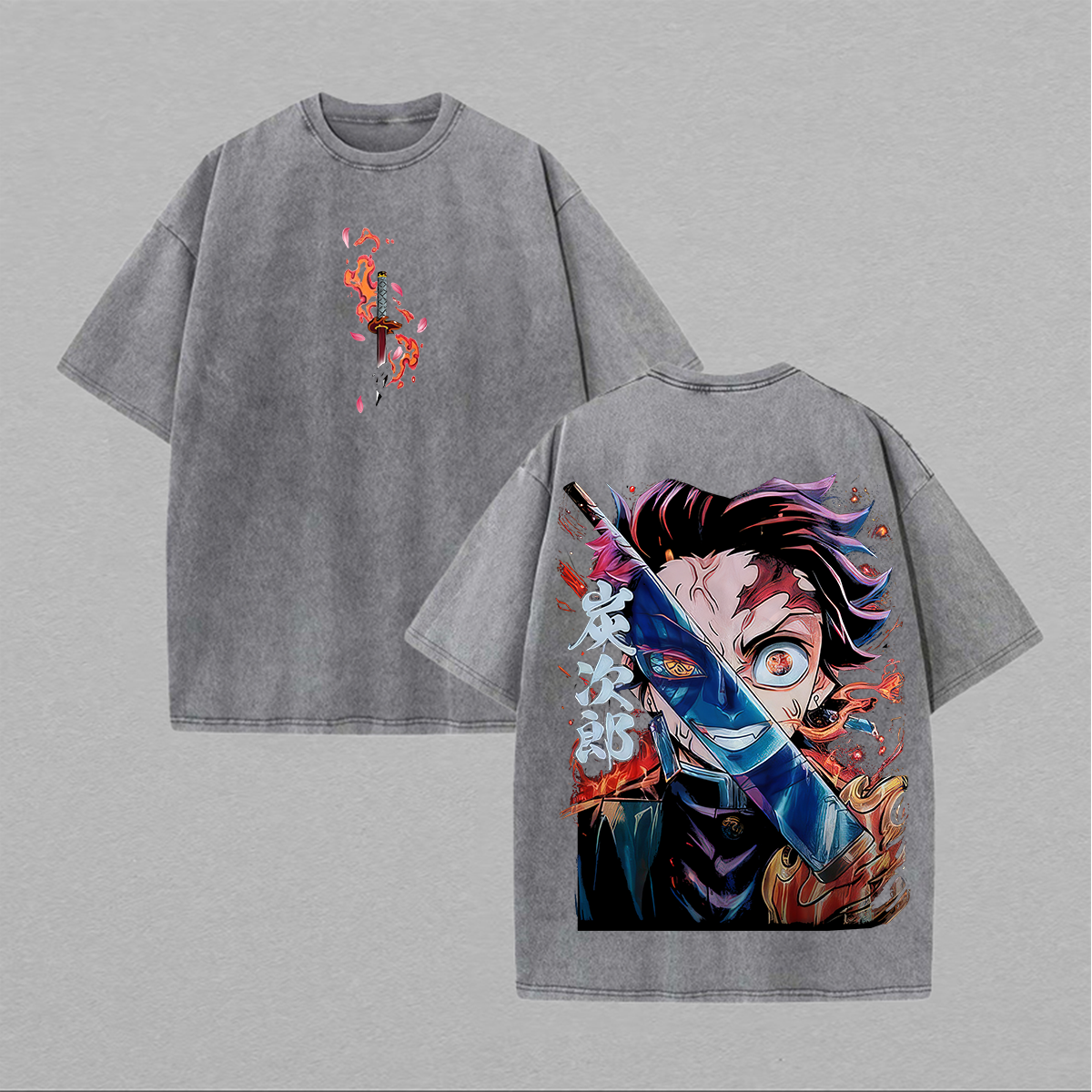 Demon Slayer Tanjiro Kamado Printed Unisex Washed T-Shirt Image - 2