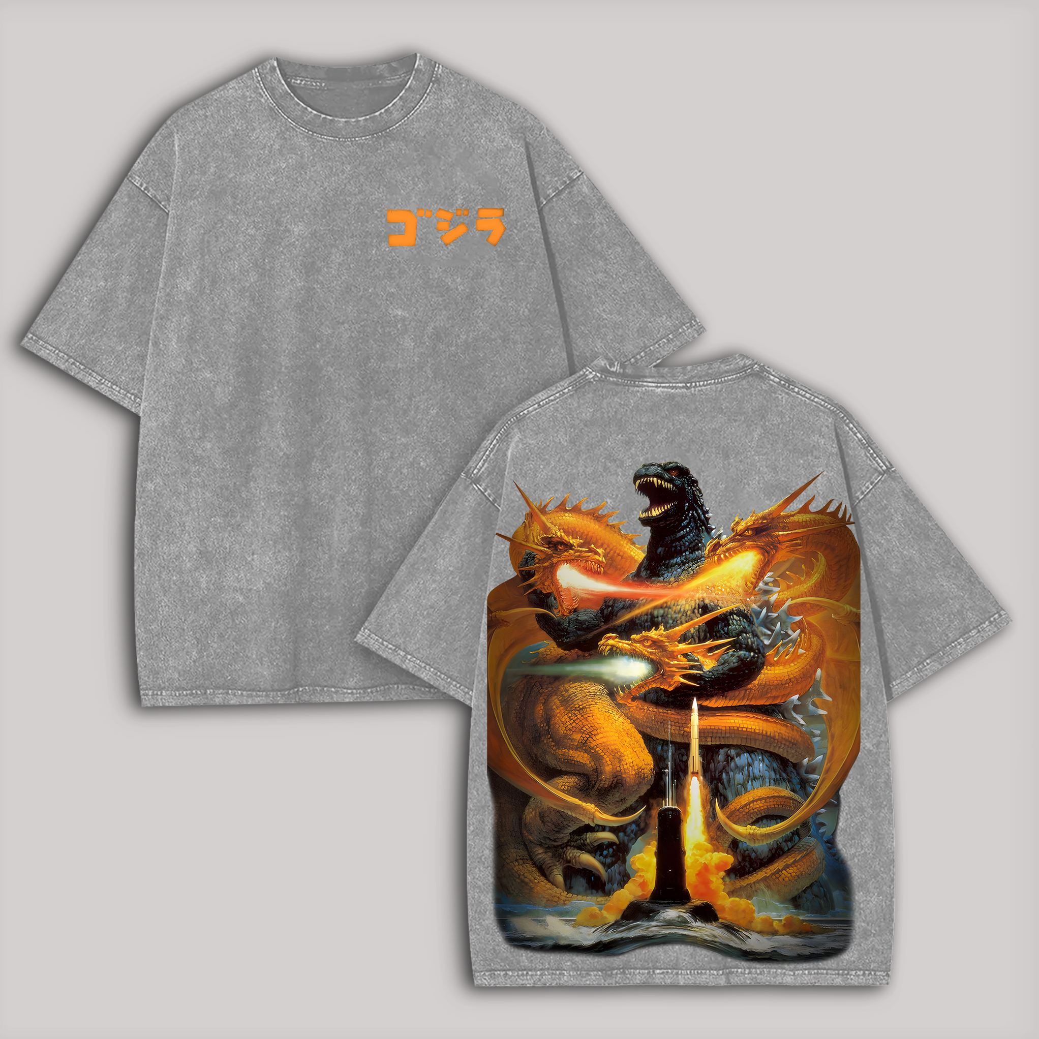 Godzilla vs. King Ghidorah Printed Unisex Washed T-Shirt Image - 2