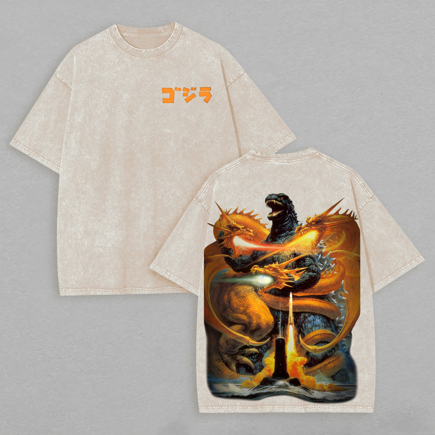 Godzilla vs. King Ghidorah Printed Unisex Washed T-Shirt Image - 3