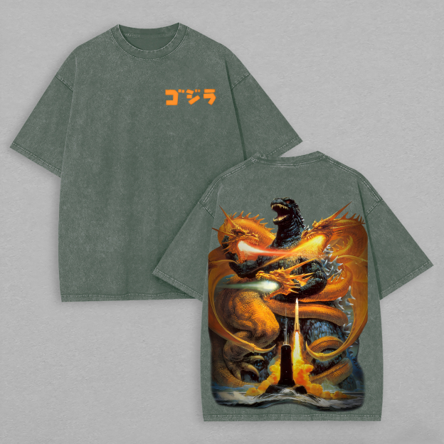 Godzilla vs. King Ghidorah Printed Unisex Washed T-Shirt Image - 5