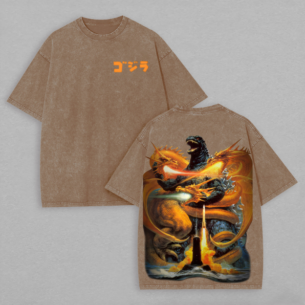 Godzilla vs. King Ghidorah Printed Unisex Washed T-Shirt Image - 4