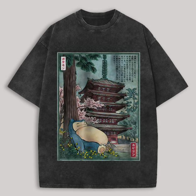 Snorlax Pokemon Printed Men's Washed T-Shirt Image - 2