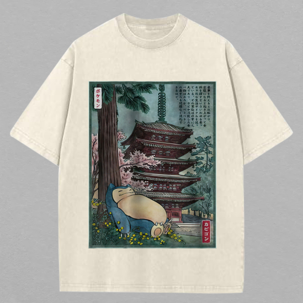 Snorlax Pokemon Printed Men's Washed T-Shirt Image - 3