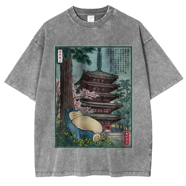 Snorlax Pokemon Printed Men's Washed T-Shirt Image - 4