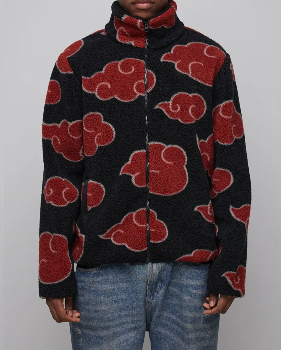 Naruto Shippuden Akatsuki Red Clouds Print Wool Zipper Jacket Image - 1