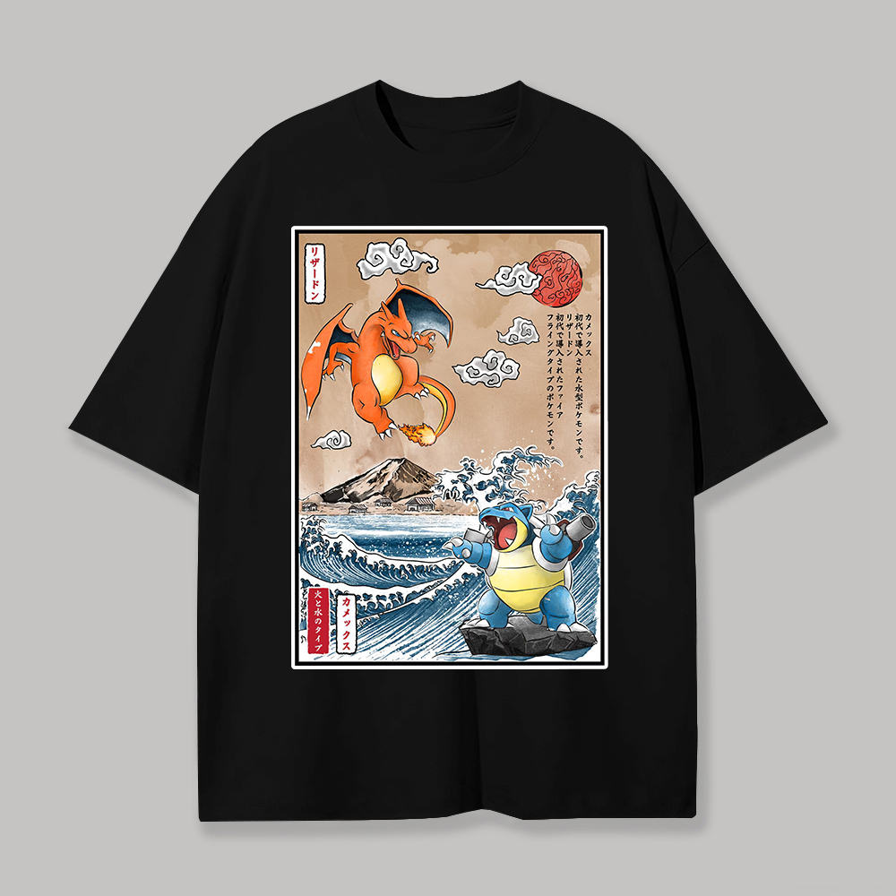  Charizard & Blastoise Printed Unisex Oversized T-shirt Image - 1