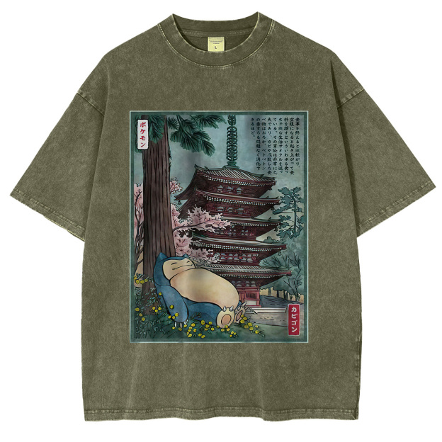 Snorlax Pokemon Printed Men's Washed T-Shirt Image - 1