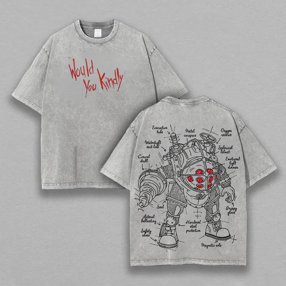 BioShock Big Daddy Printed Unisex Washed T-Shirt Image - 4