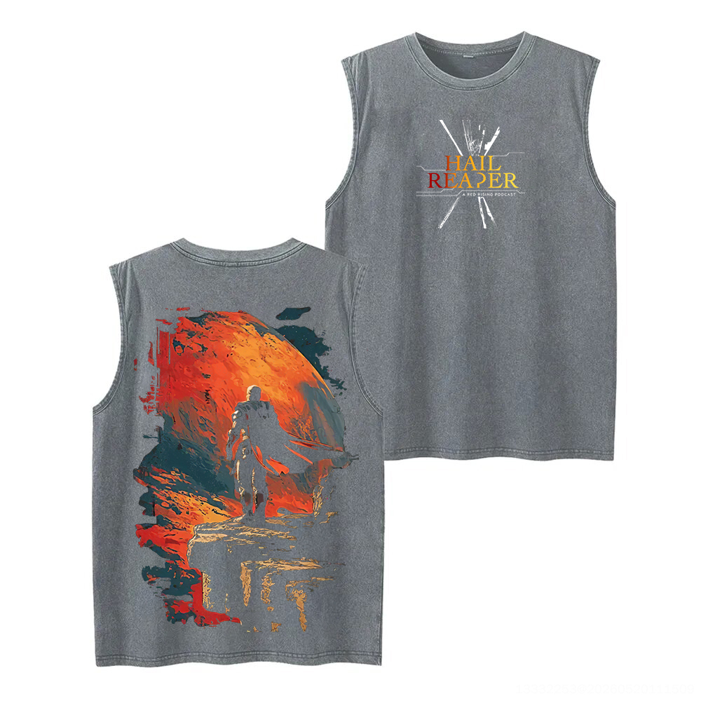 Red Rising Printed Men's Washed Vest Image - 6