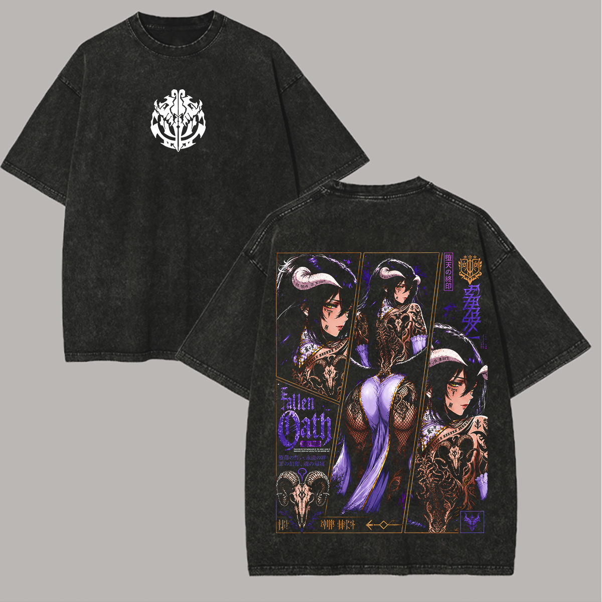 Horned Angel and Back Tattoo Printed Unisex Washed T-Shirt Image - 1