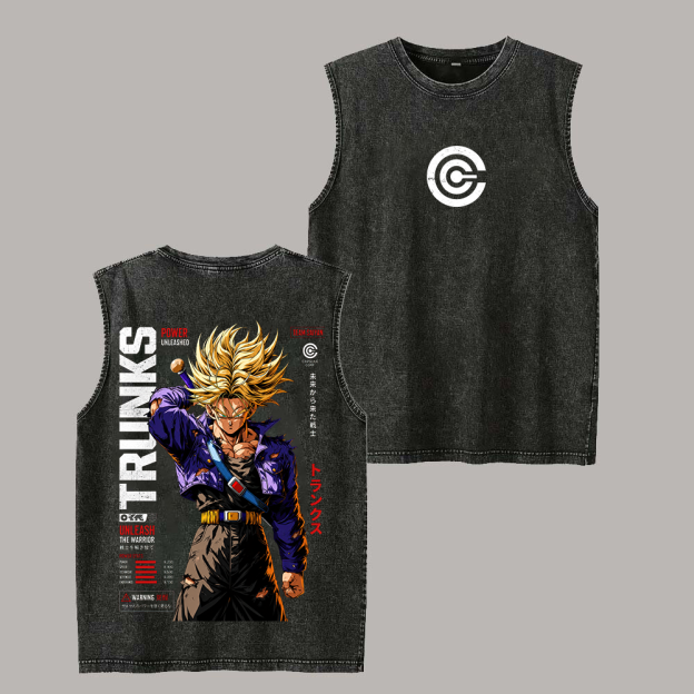 Dragon Ball Golden Swordsman and Stats Printed Men's Washed Vest