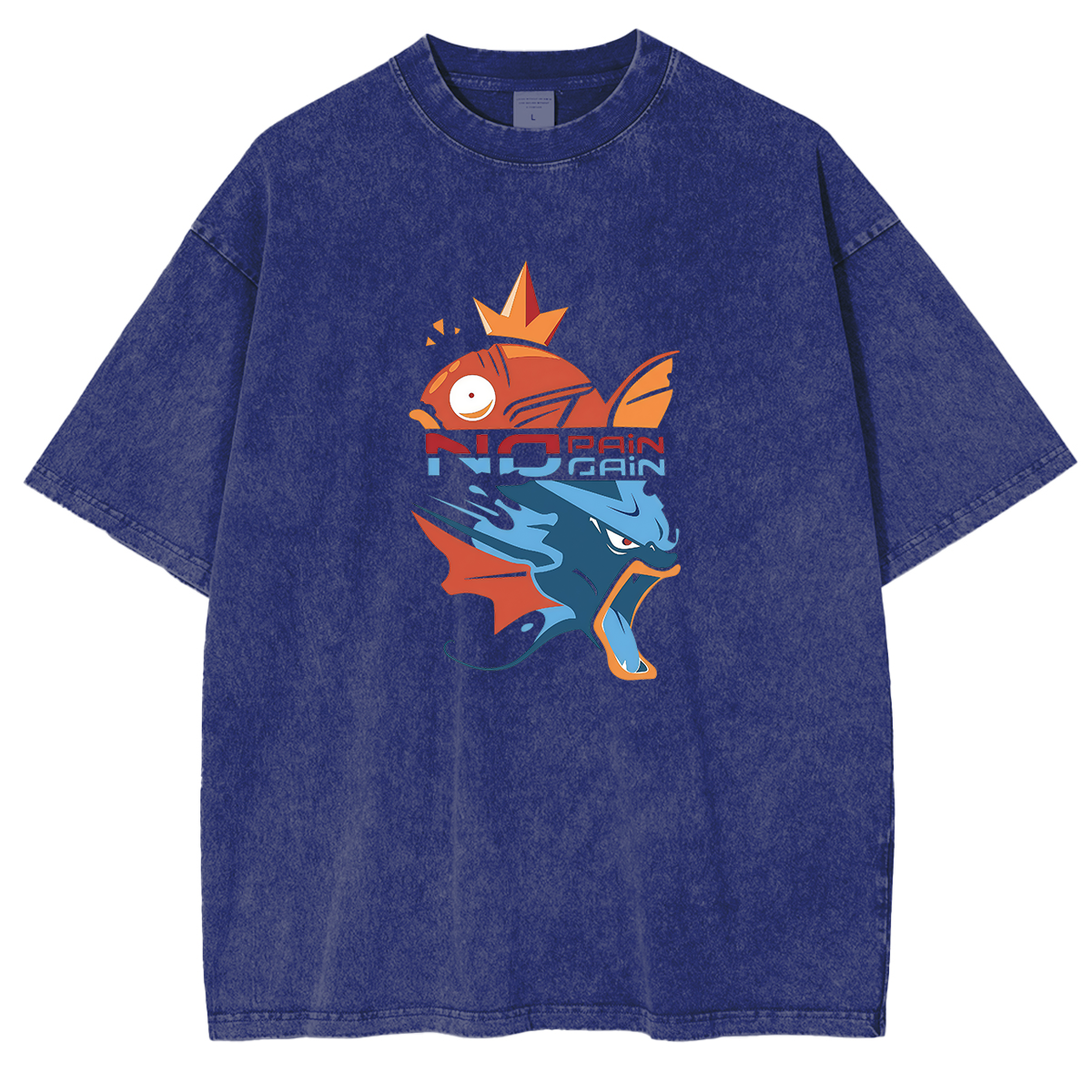 Red Fish Blue Dragon Anime Monster Printed Unisex Washed T-Shirt Image - 2