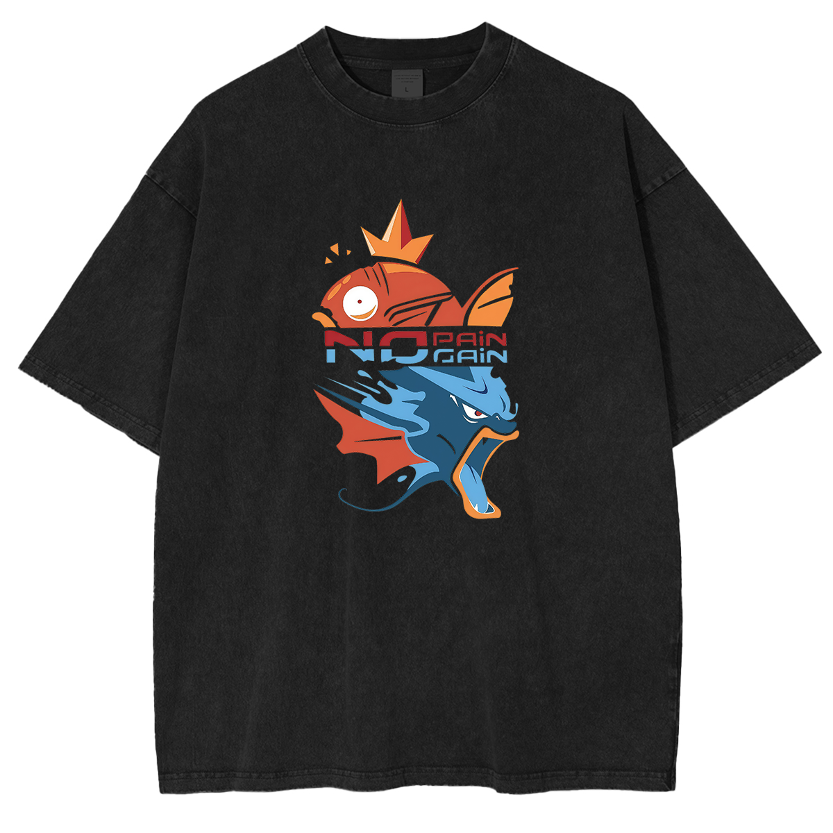 Red Fish Blue Dragon Anime Monster Printed Unisex Washed T-Shirt Image - 3