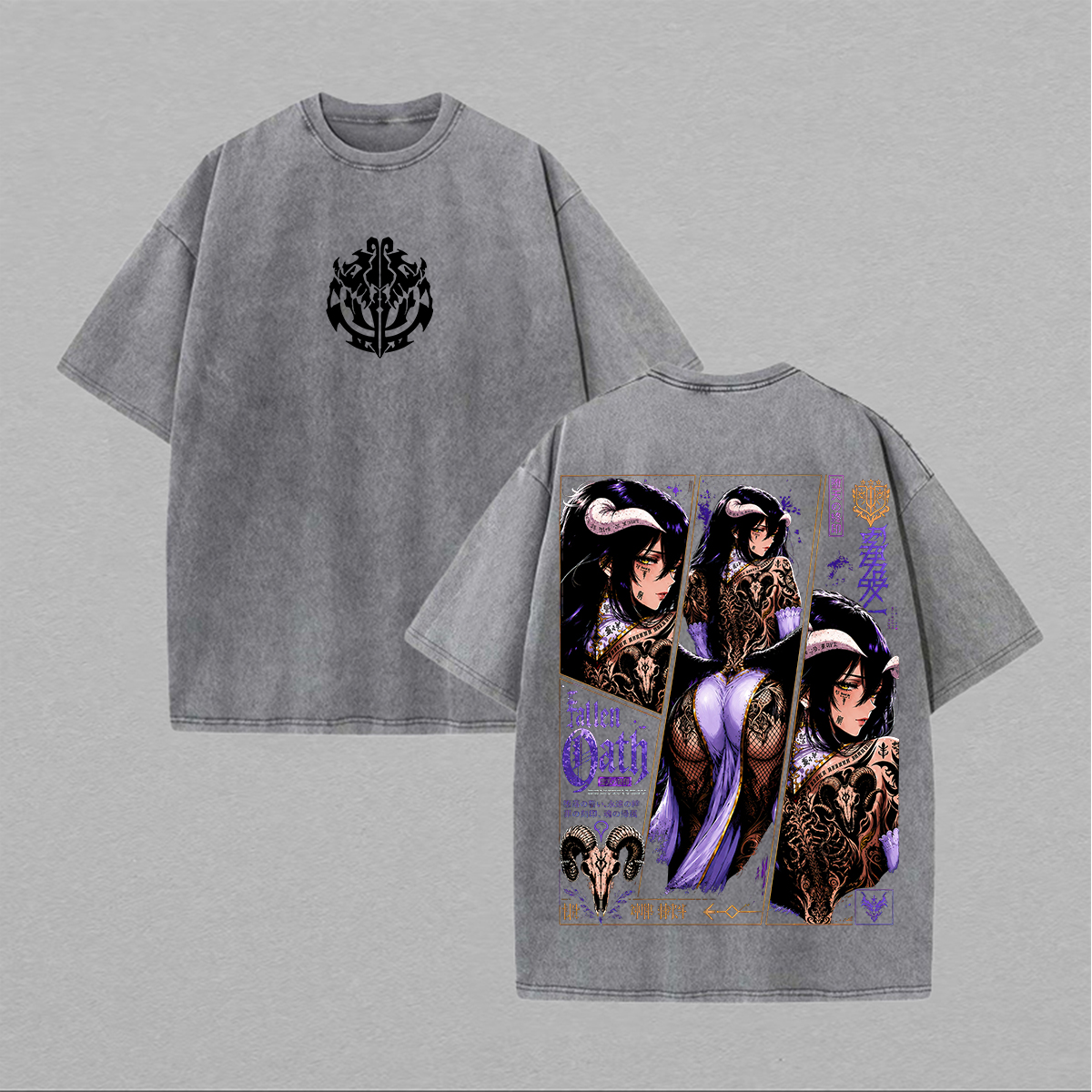 Horned Angel and Back Tattoo Printed Unisex Washed T-Shirt Image - 2