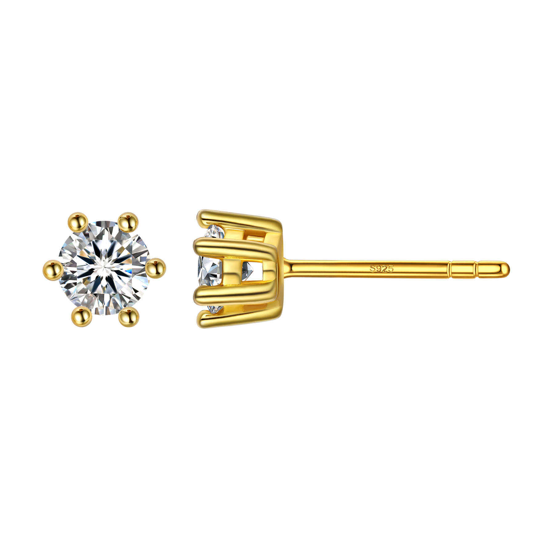6 Prong Round Stud Moissanite Earrings in 14K Gold Plated (D Color VVS1)