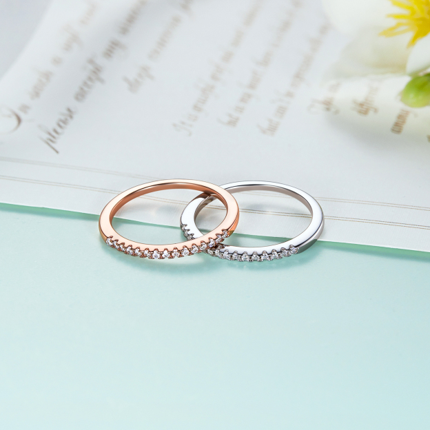 Half Pavé Eternity Ring Moissanite Wedding Ring, White and Rose Gold-02