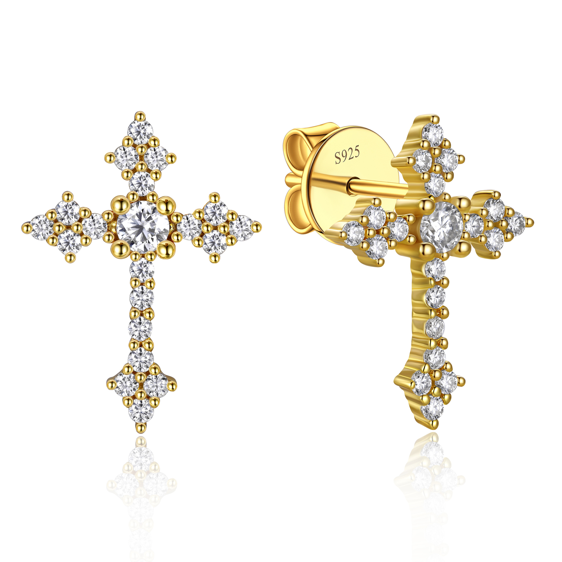 0.12 Carat Cross Moissanite Stud Earrings in Yellow Gold-02