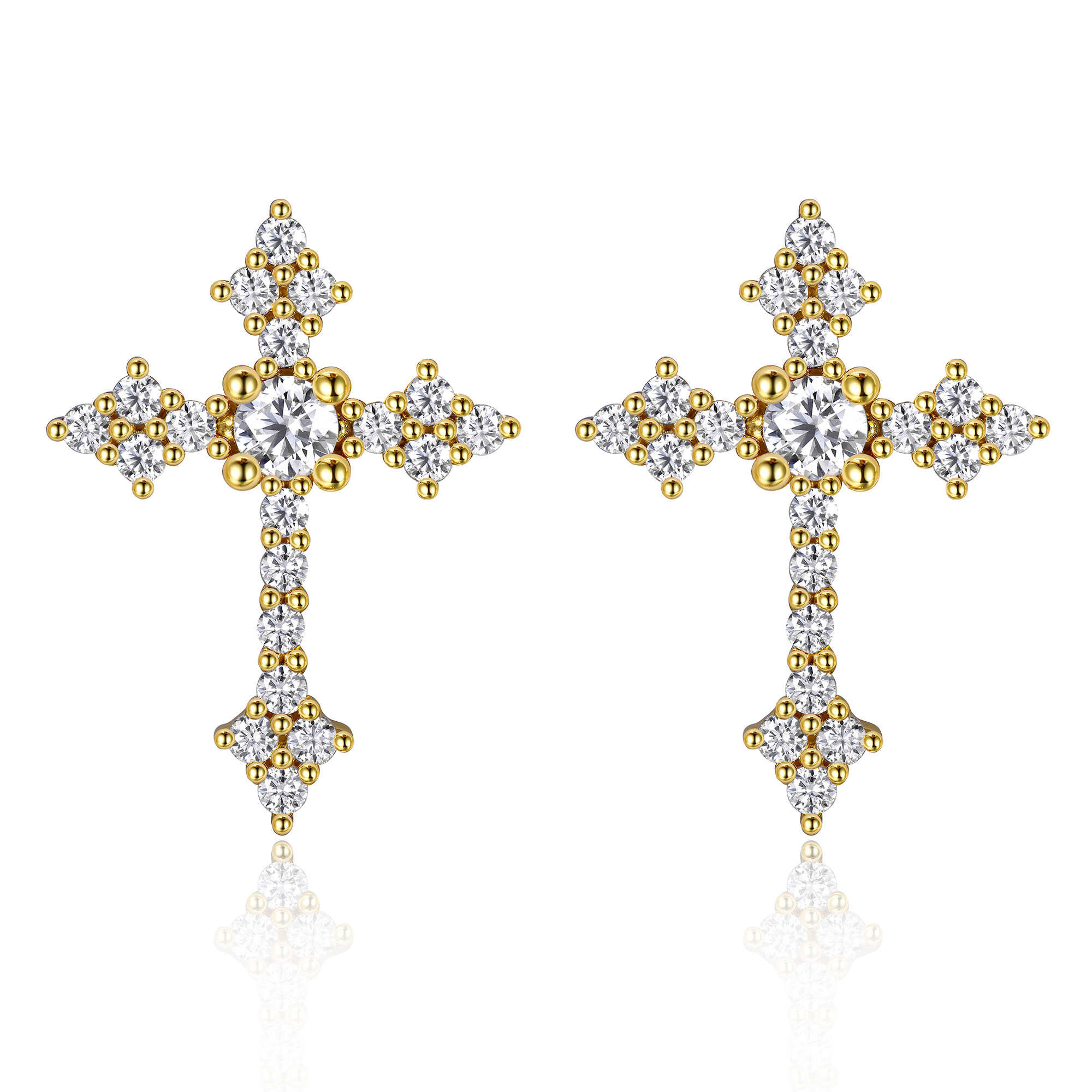 0.12 Carat Cross Moissanite Stud Earrings in Yellow Gold