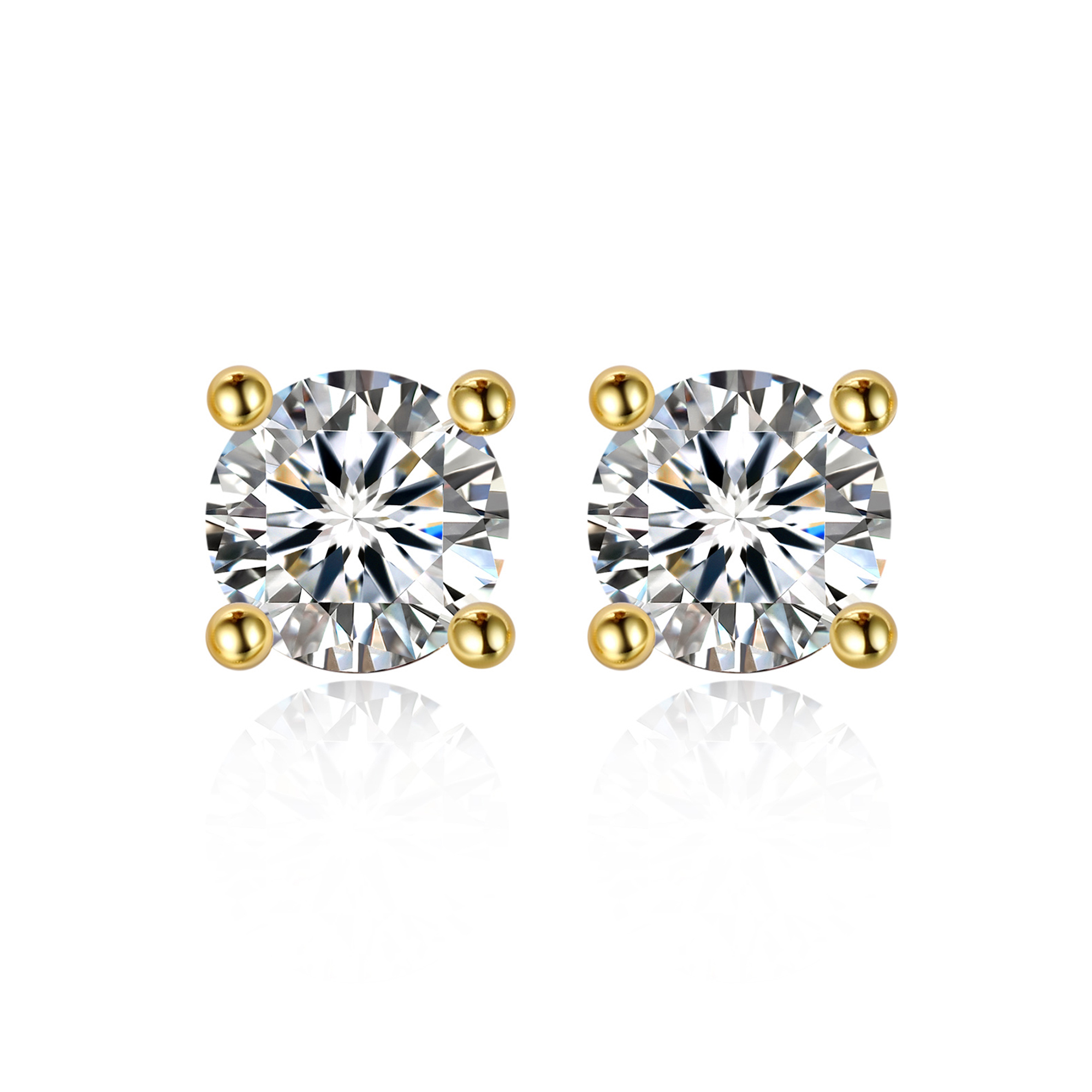 0.3 Carat Four Prong Round Moissanite Stud Earrings in Yellow Gold