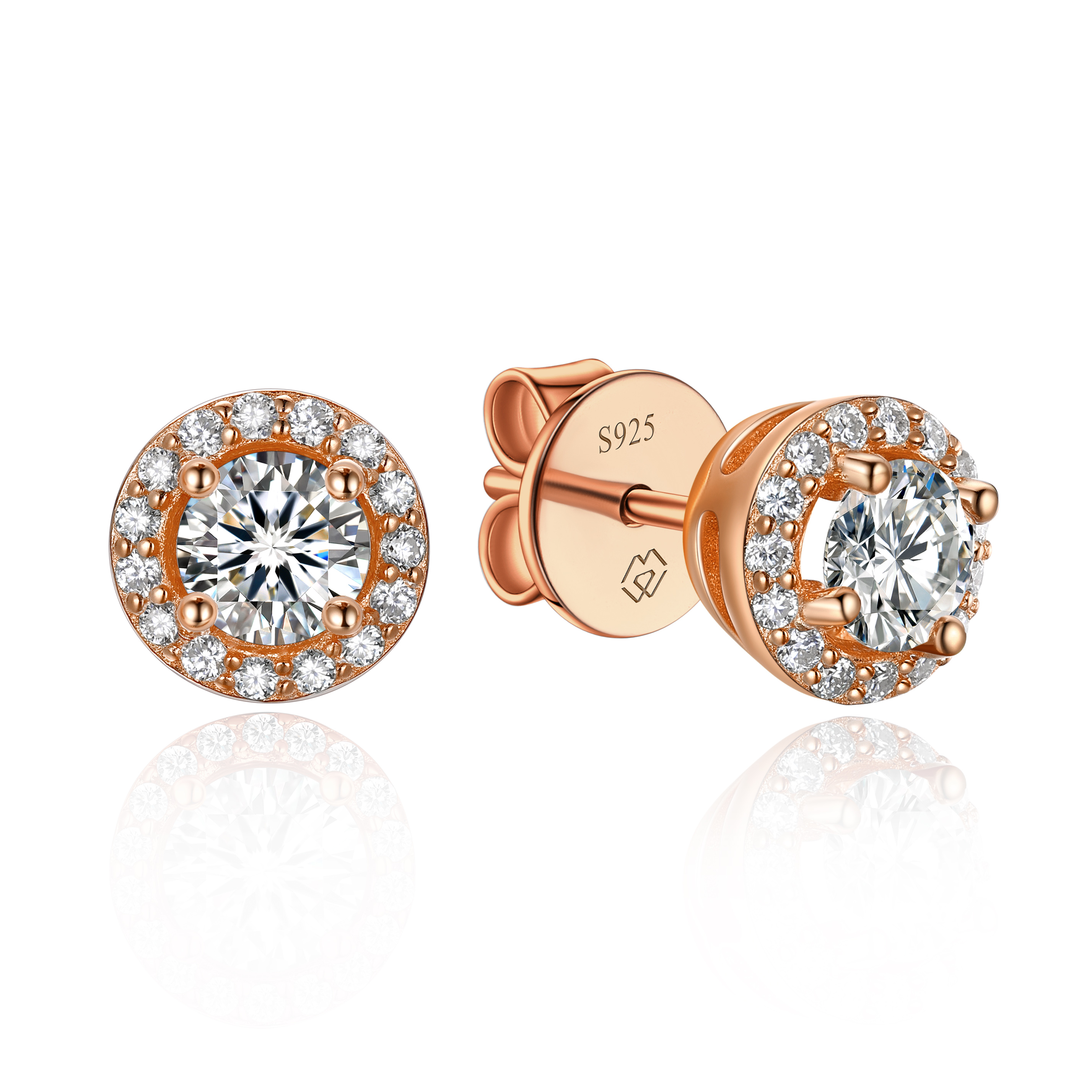 0.3 Carat Halo Round Moissanite Stud Earrings in Rose Gold
