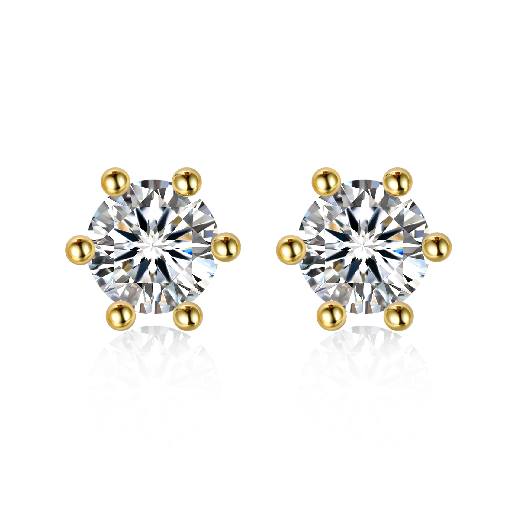 0.3 Carat Six-Prong Round Cut Moissanite Stud Earrings in Yellow Gold